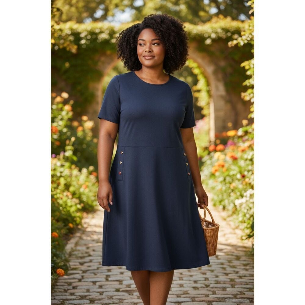 Ann Taylor Factory Blue Sheath Dress Size 12 Short Sleeve Scoop Neck Midi